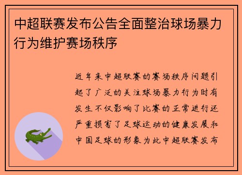 中超联赛发布公告全面整治球场暴力行为维护赛场秩序 中超联赛发布公告全面整治球场暴力行为维护赛场秩序