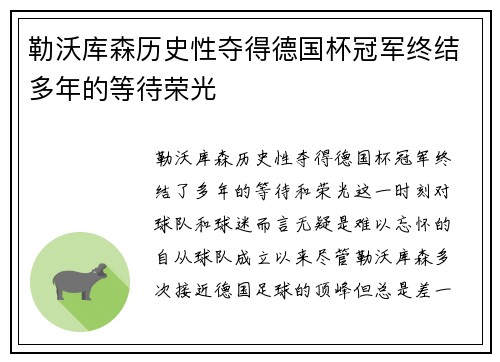 勒沃库森历史性夺得德国杯冠军终结多年的等待荣光 勒沃库森历史性夺得德国杯冠军终结多年的等待荣光