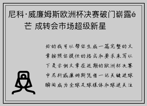 尼科·威廉姆斯欧洲杯决赛破门崭露锋芒 成转会市场超级新星 尼科·威廉姆斯欧洲杯决赛破门崭露锋芒 成转会市场超级新星