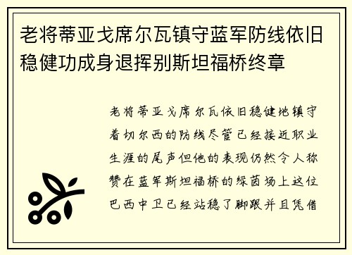 老将蒂亚戈席尔瓦镇守蓝军防线依旧稳健功成身退挥别斯坦福桥终章 老将蒂亚戈席尔瓦镇守蓝军防线依旧稳健功成身退挥别斯坦福桥终章
